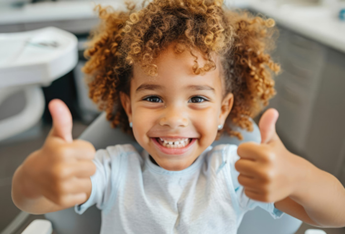 Young patient giving thumbs up after receiving children’s dentistry in Vancouver