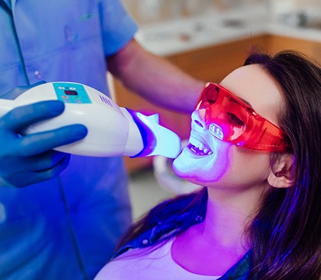 Dentist applying light to woman’s teeth whitening